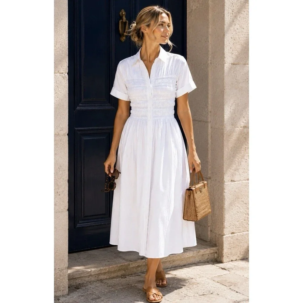 J Crew Petite Elsie Shirt Dress Womens SP White Cotton Poplin Smocked Button Up